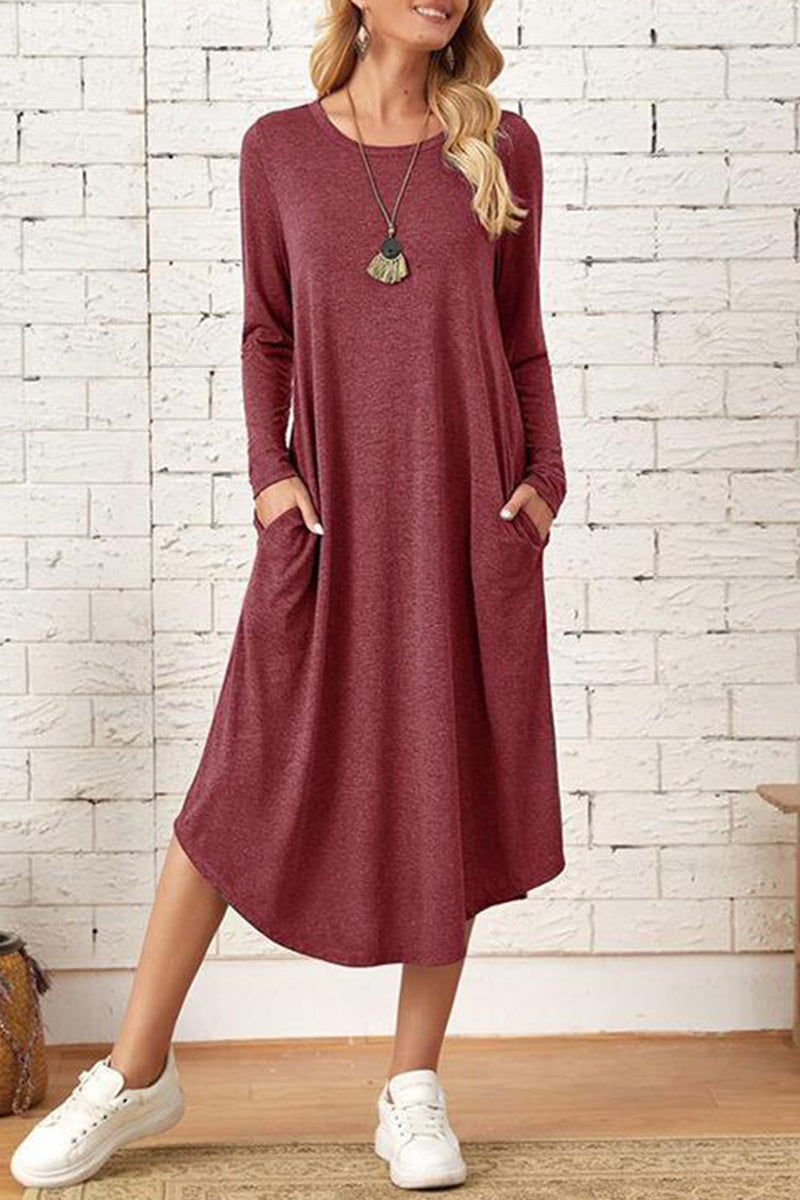 Casual Simplicity Solid Pocket O Neck Long Sleeve Dresses