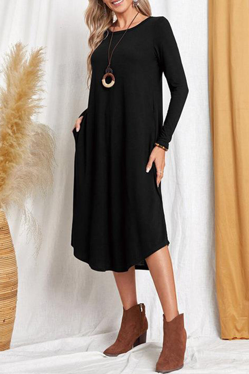 Casual Simplicity Solid Pocket O Neck Long Sleeve Dresses