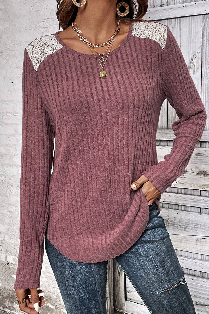 Casual Solid Lace O Neck Tops(5 Colors)