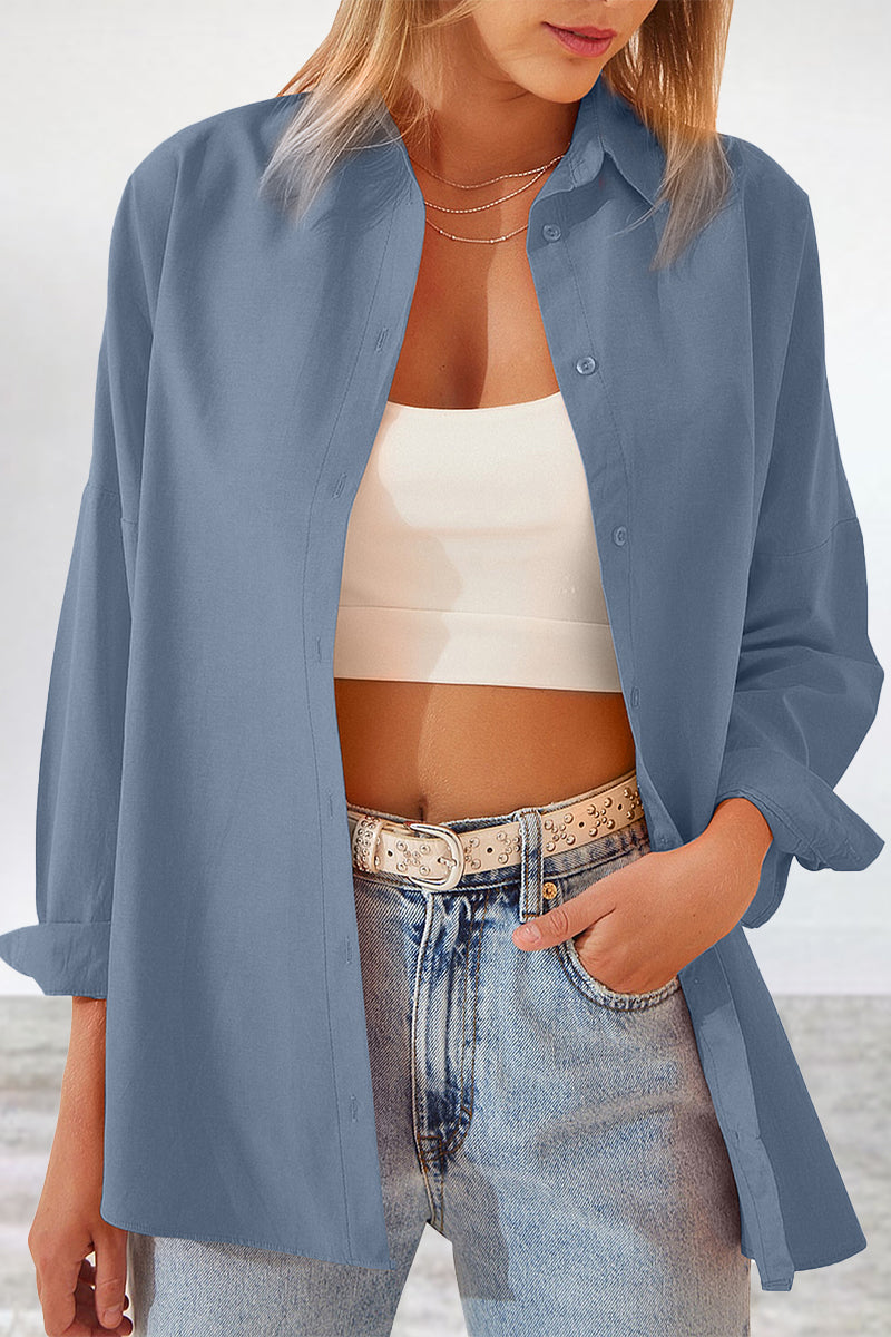 Casual Simplicity Solid Buttons Turndown Collar Tops