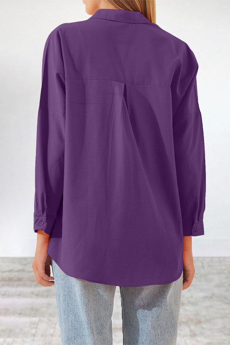 Casual Simplicity Solid Buttons Turndown Collar Tops