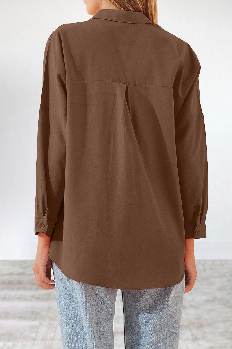 Casual Simplicity Solid Buttons Turndown Collar Tops