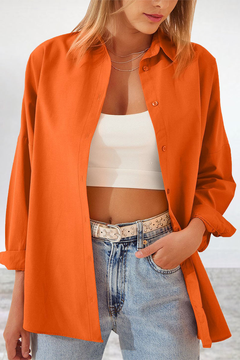 Casual Simplicity Solid Buttons Turndown Collar Tops