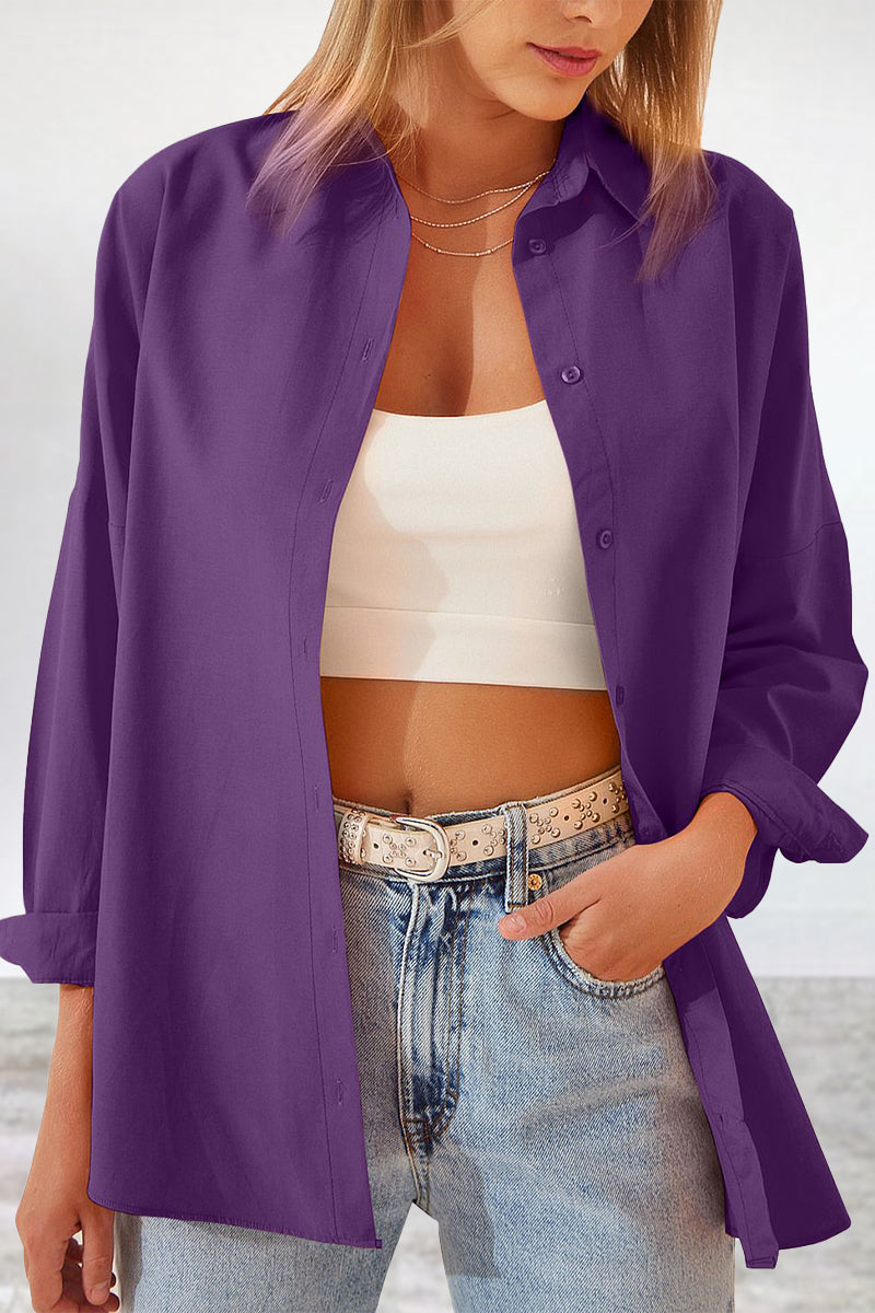 Casual Simplicity Solid Buttons Turndown Collar Tops