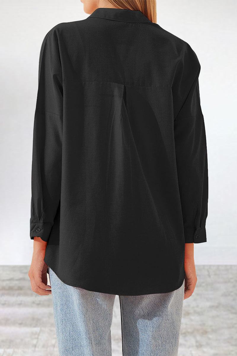 Casual Simplicity Solid Buttons Turndown Collar Tops