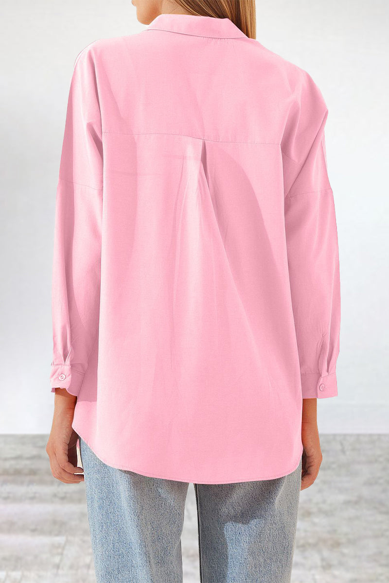 Casual Simplicity Solid Buttons Turndown Collar Tops