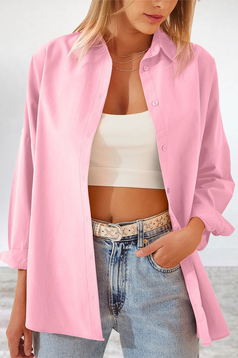 Casual Simplicity Solid Buttons Turndown Collar Tops