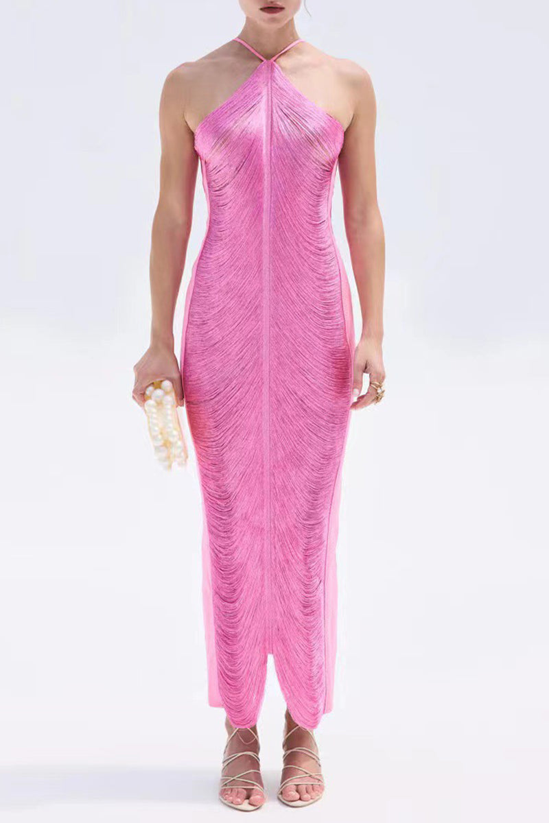 Sexy Solid Tassel Halter Sleeveless Dress Dresses( Colors)