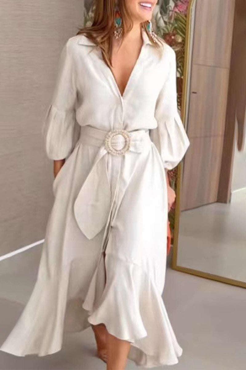 Robes A-line unies, décolleté en V, avec ceinture (6 couleurs)