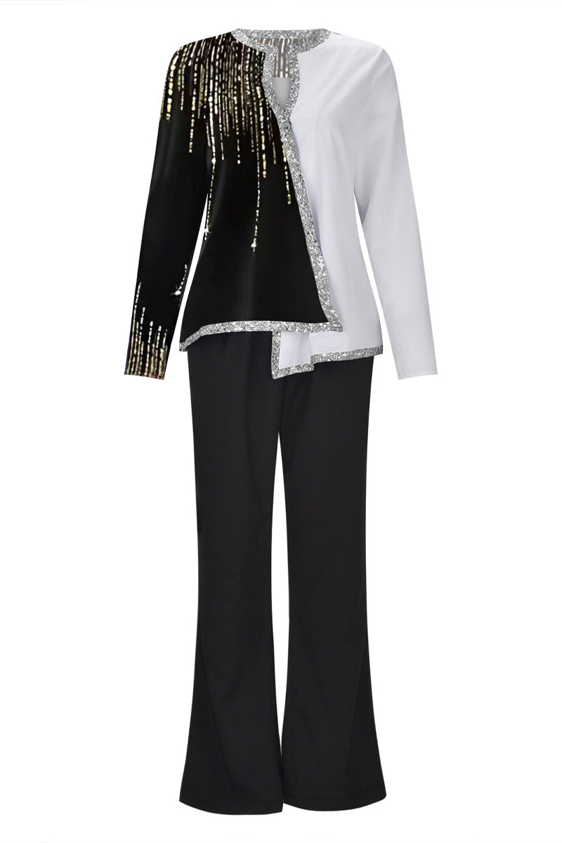 Casual Print Asymmetrical V Neck Long Sleeve Two Pieces(10 Colors)