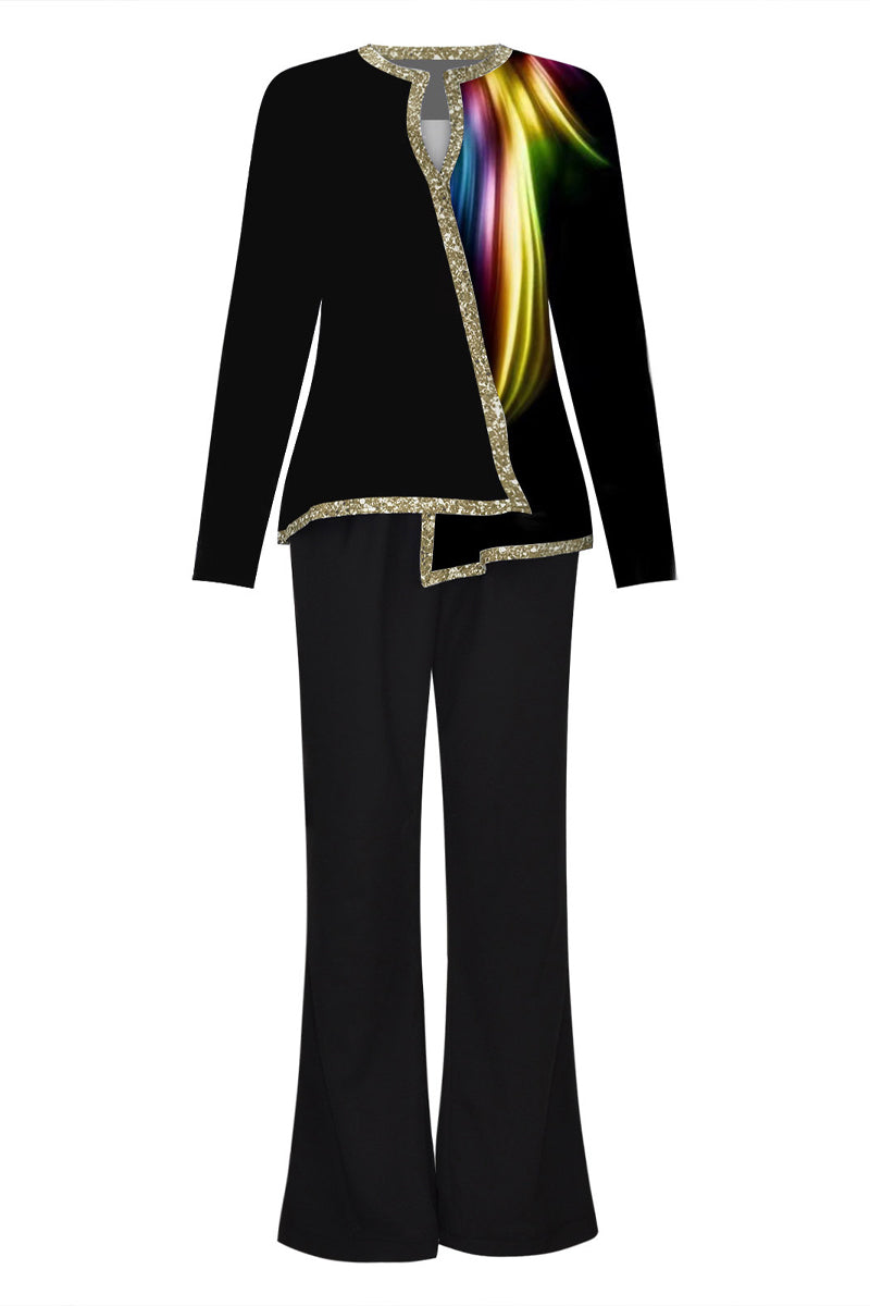 Casual Print Asymmetrical V Neck Long Sleeve Two Pieces(10 Colors)