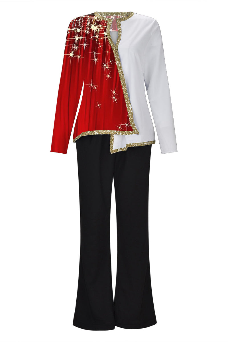 Casual Print Asymmetrical V Neck Long Sleeve Two Pieces(10 Colors)