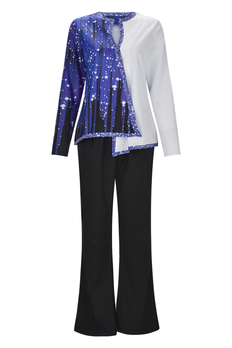 Casual Print Asymmetrical V Neck Long Sleeve Two Pieces(10 Colors)
