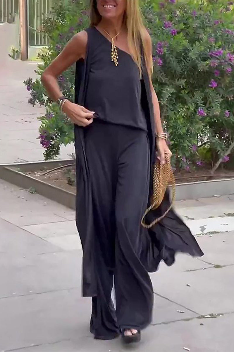 Ensemble trois pièces décontracté, col oblique, sans manches.