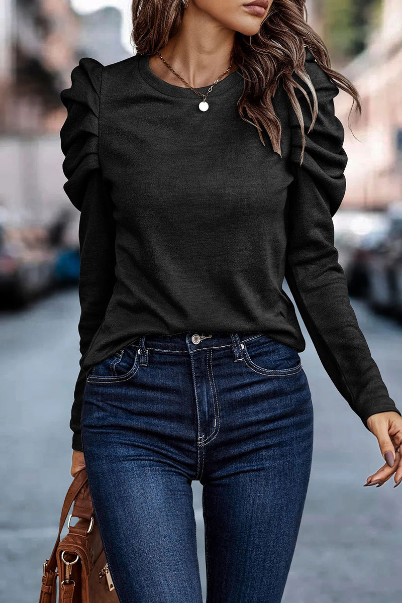 Casual Solid Fold O Neck Tops