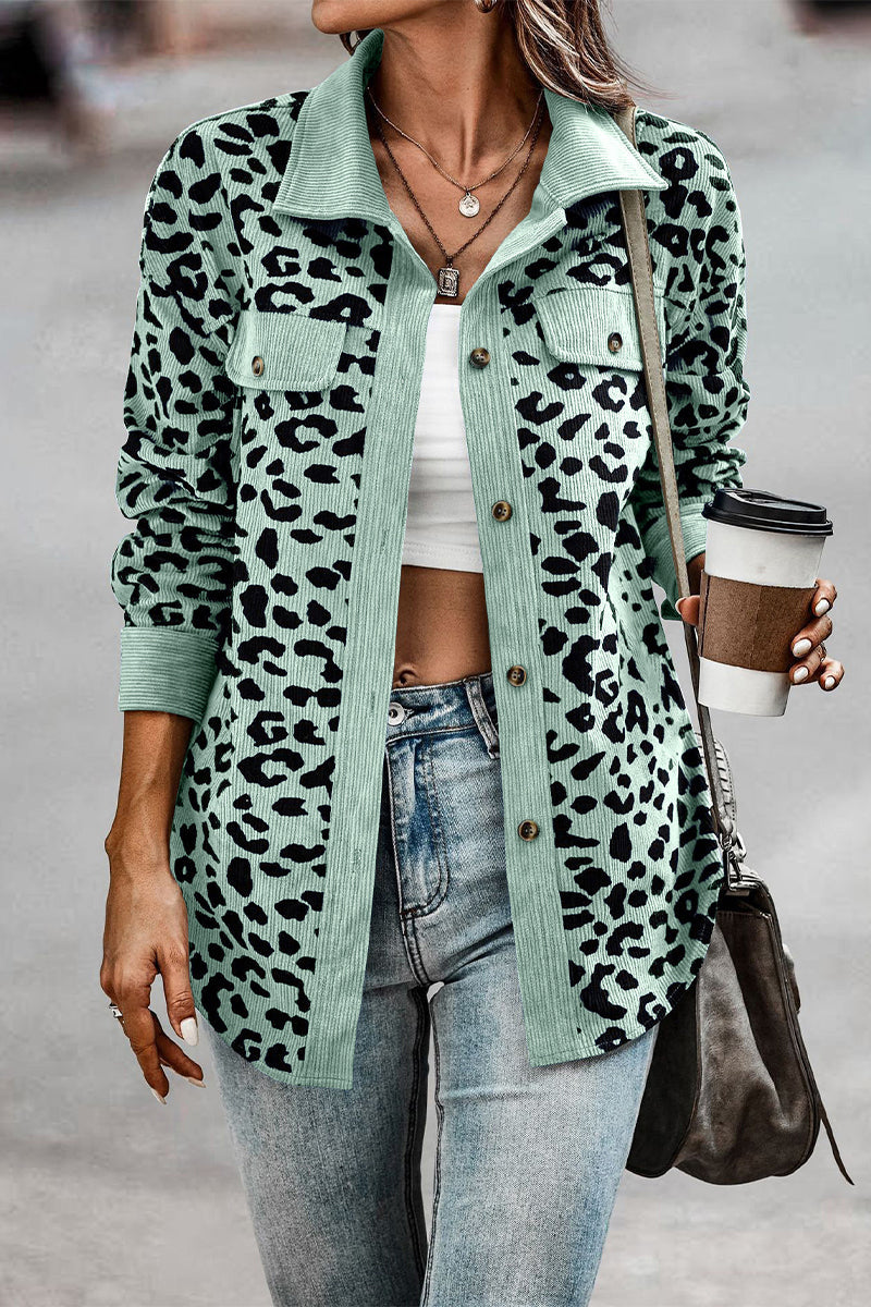 Casual Sweet Leopard Pocket Turndown Collar Tops(4 Colors)