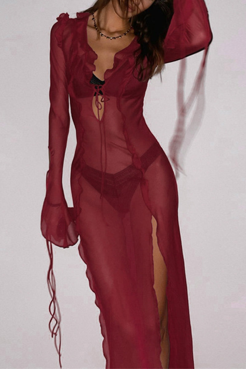 Robes A-line sexy, couleur unie, à col en V, transparentes, avec fente.