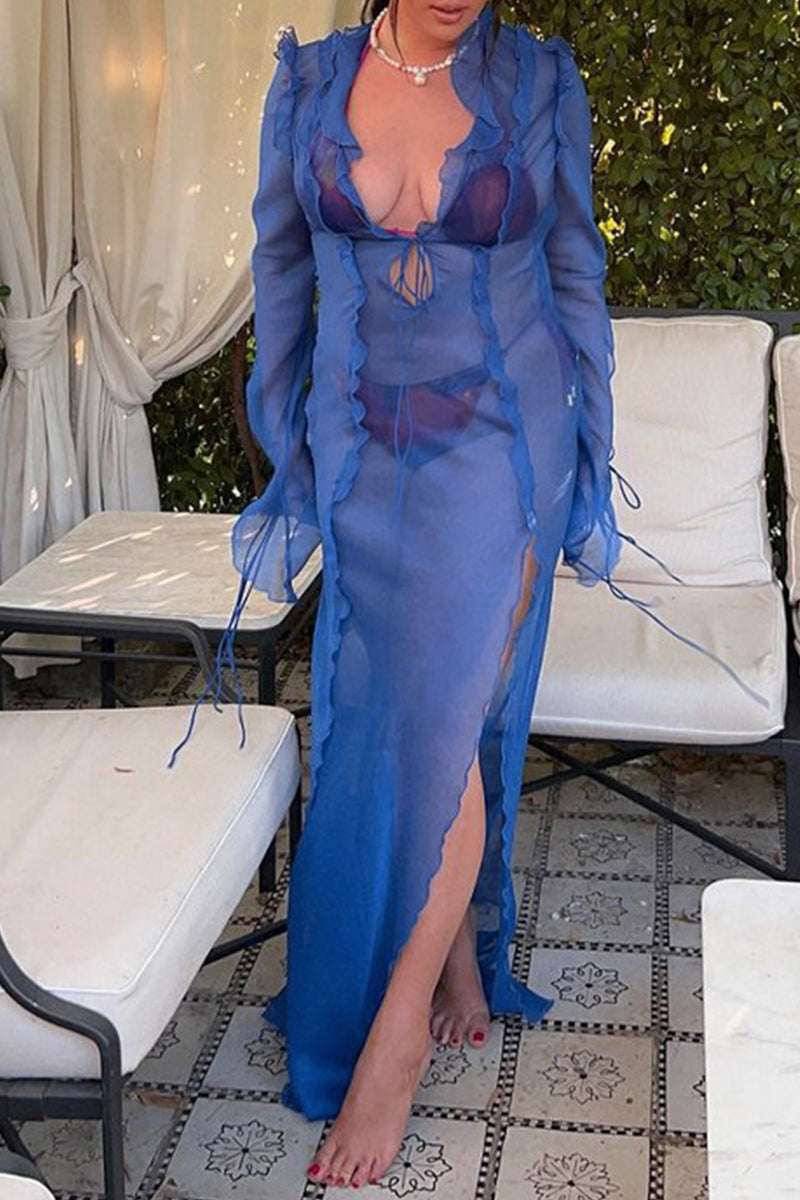 Robes A-line sexy, couleur unie, à col en V, transparentes, avec fente.