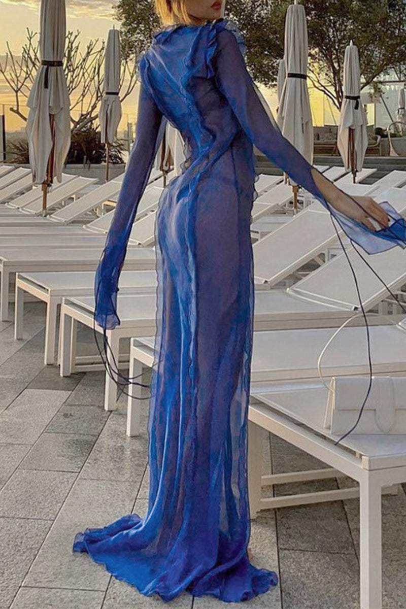 Robes A-line sexy, couleur unie, à col en V, transparentes, avec fente.