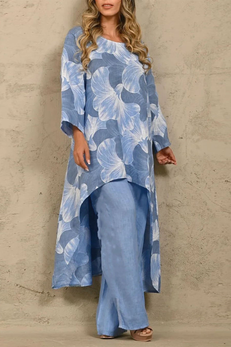 Ensemble deux pièces décontracté, floral, asymétrique, col rond, manches longues.