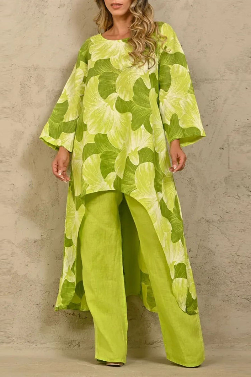 Ensemble deux pièces décontracté, floral, asymétrique, col rond, manches longues.