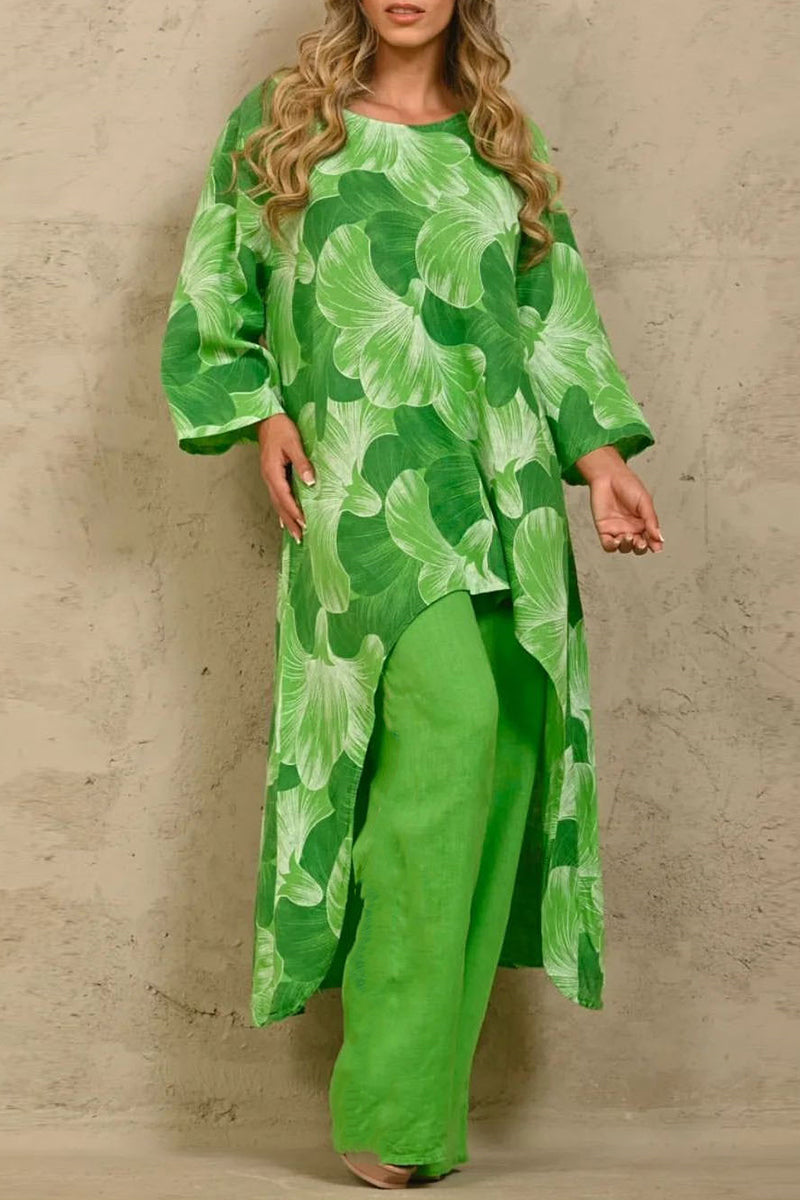 Ensemble deux pièces décontracté, floral, asymétrique, col rond, manches longues.