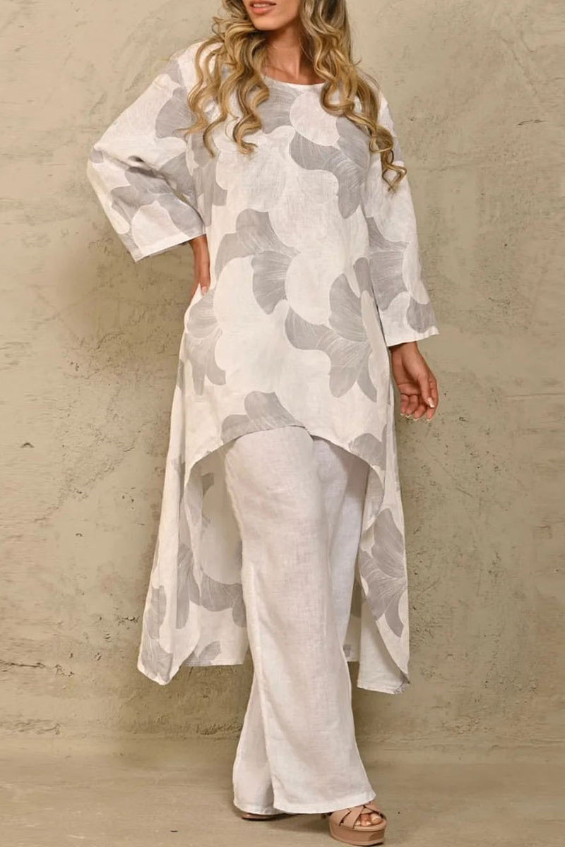 Ensemble deux pièces décontracté, floral, asymétrique, col rond, manches longues.