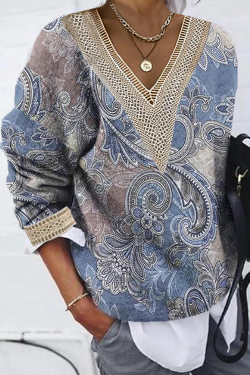Casual Print Patchwork V Neck Tops