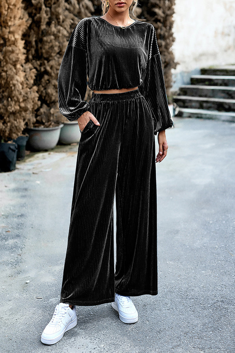 Elegant Solid Pocket O Neck Long Sleeve Two Pieces