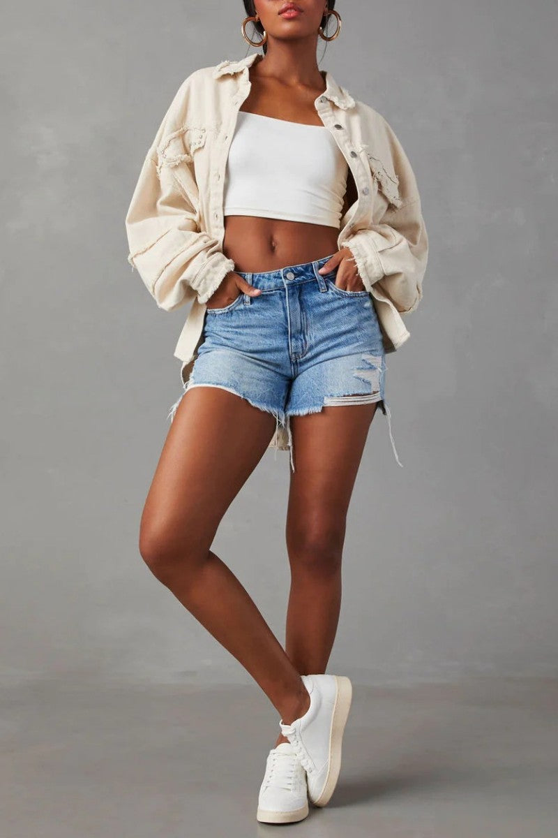 Veste en jean casual, col montant, manches longues, patchwork uni, coupe droite.