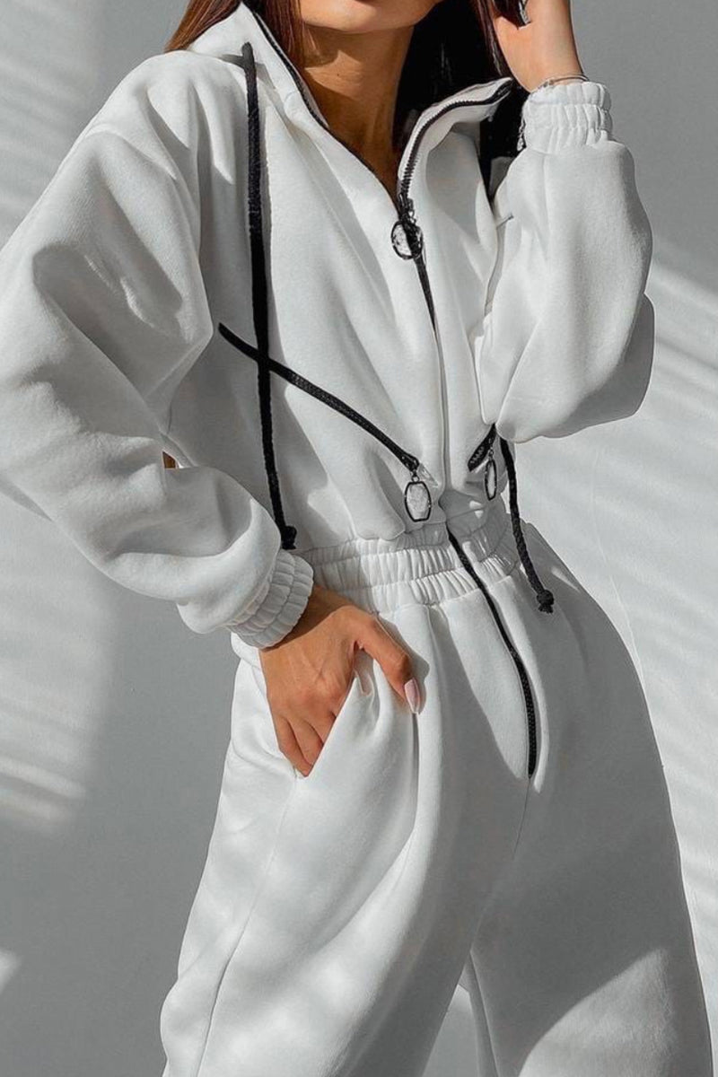 Street Solid Patchwork Hooded Collar Jumpsuits