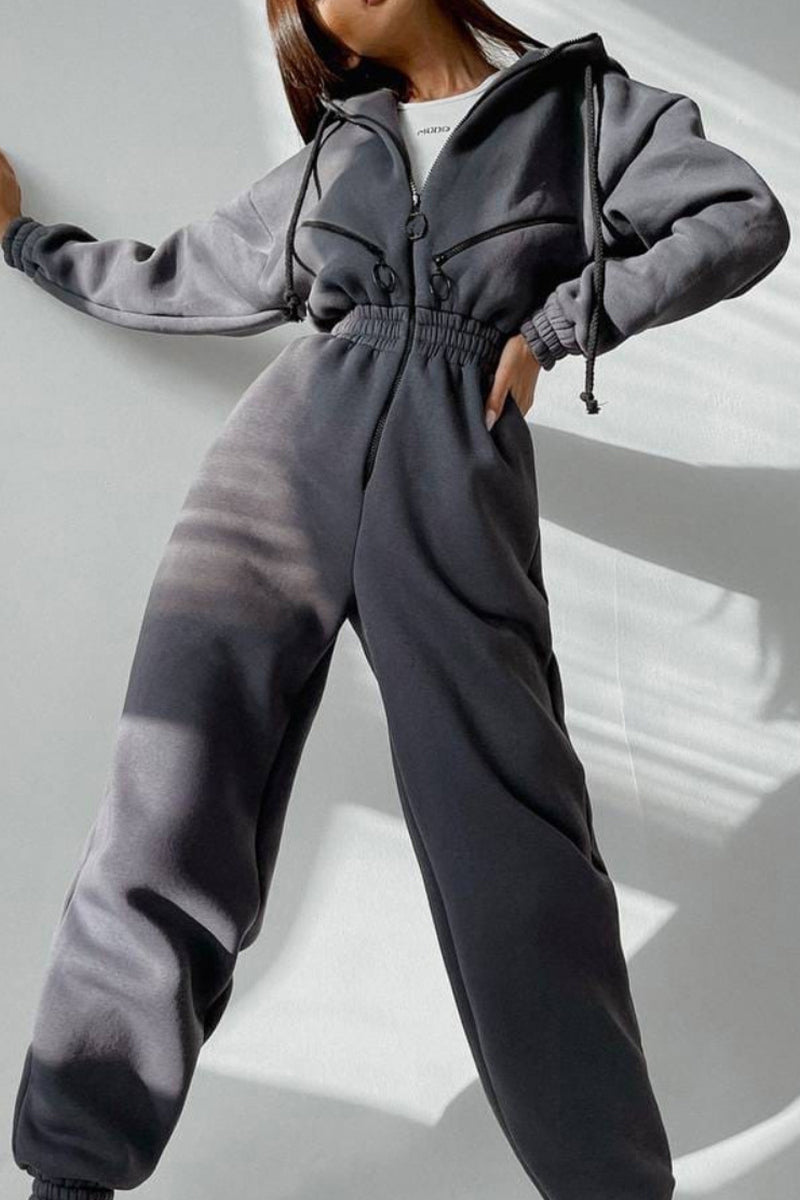 Street Solid Patchwork Hooded Collar Jumpsuits