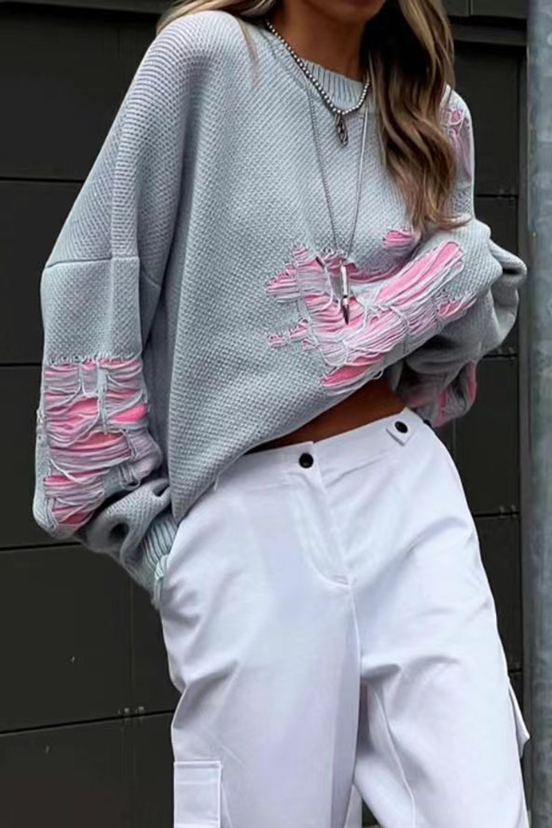 Casual Color Block Ripped Contrast O Neck Sweaters(3 Colors)