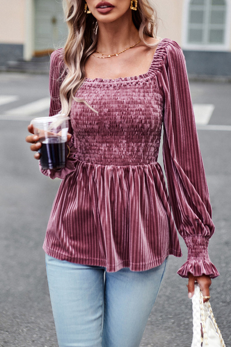 Elegant Solid Fold Square Collar Tops(4 Colors)