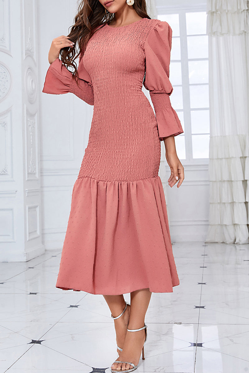 Elegant Solid Fold O Neck Wrapped Skirt Dresses