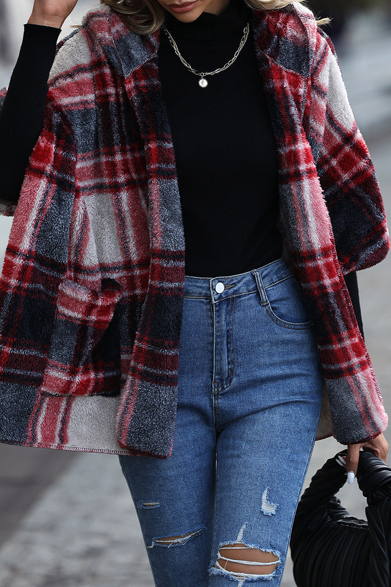 Vêtements d'extérieur à capuche avec col contrasté en carreaux, style britannique décontracté.