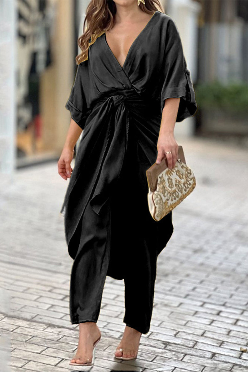 Combinaisons décontractées unies à col en V et à fente (3 couleurs)