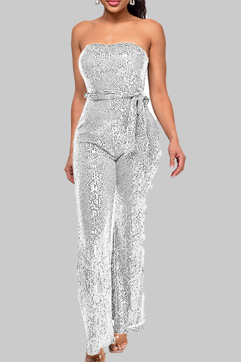 Street Solid Bandage Sequins Patchwork Strapless Regular Jumpsuits(5 Colors)