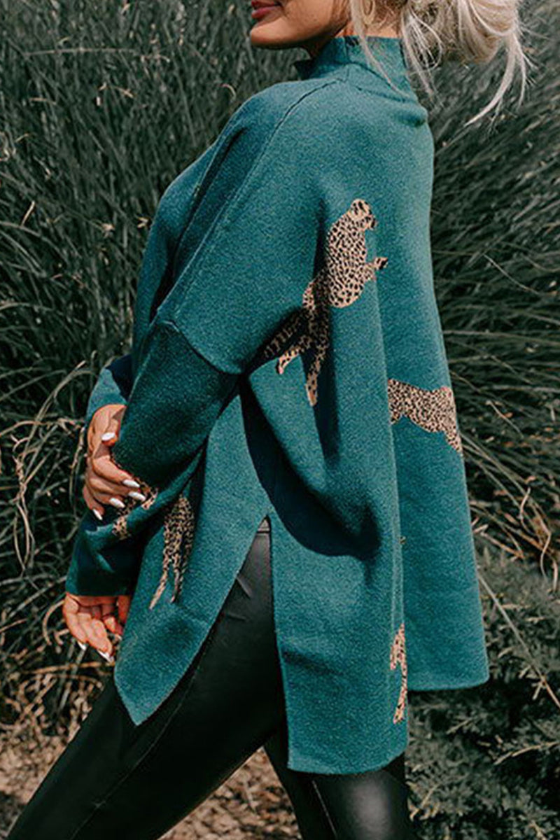 Hauts à col montant à imprimé animal et fente, style décontracté (4 couleurs)