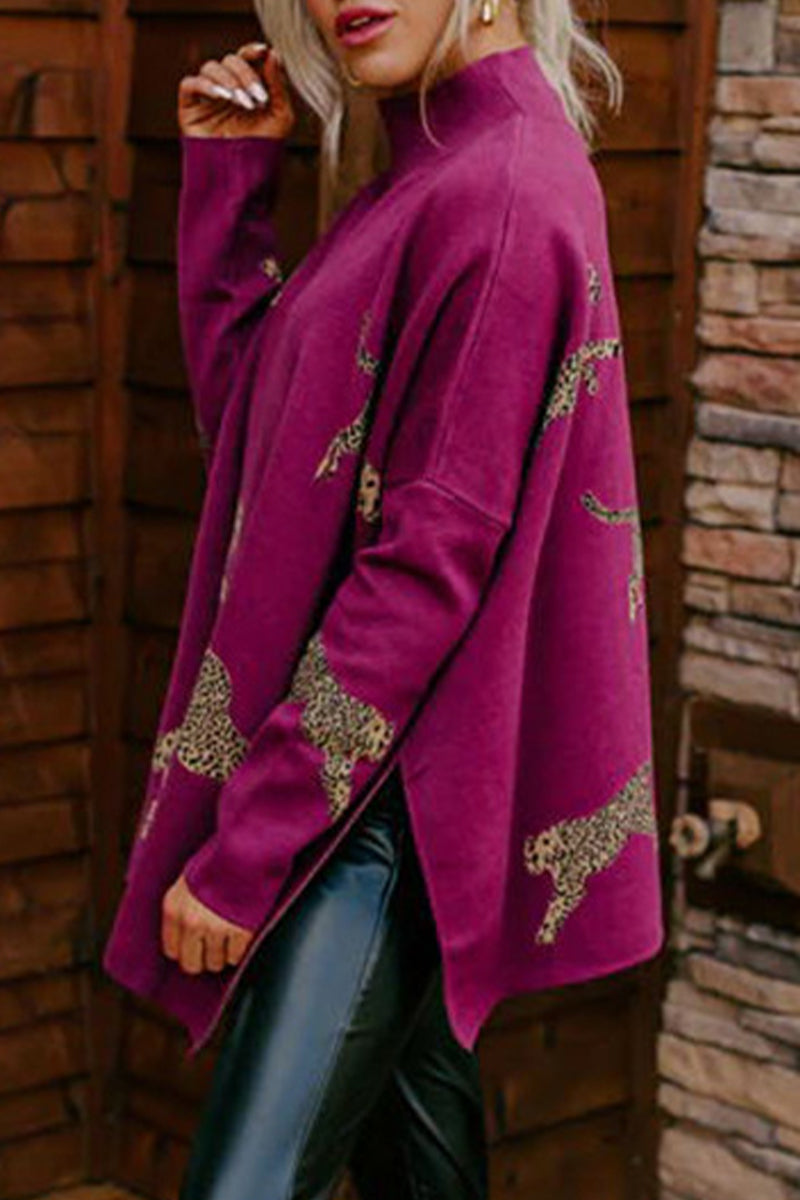 Hauts à col montant à imprimé animal et fente, style décontracté (4 couleurs)