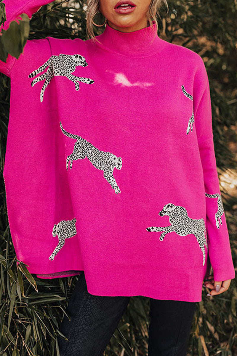 Hauts à col montant à imprimé animal et fente, style décontracté (4 couleurs)