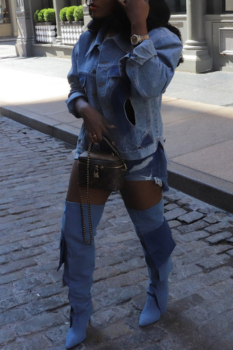 Veste en jean casual, manches longues, col à revers, boutonnage et patchwork (selon le produit réel)