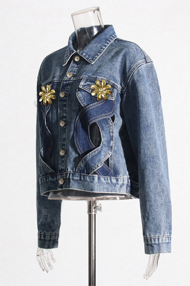 Veste en jean casual, manches longues, col à revers, boutonnage et patchwork (selon le produit réel)