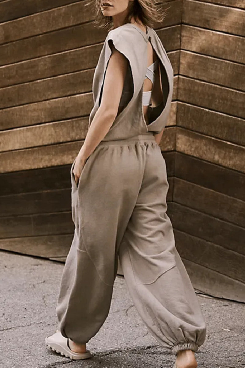 Combinaisons décontractées, simples, unies, avec poches, dos nu, col rond et coupe ample.