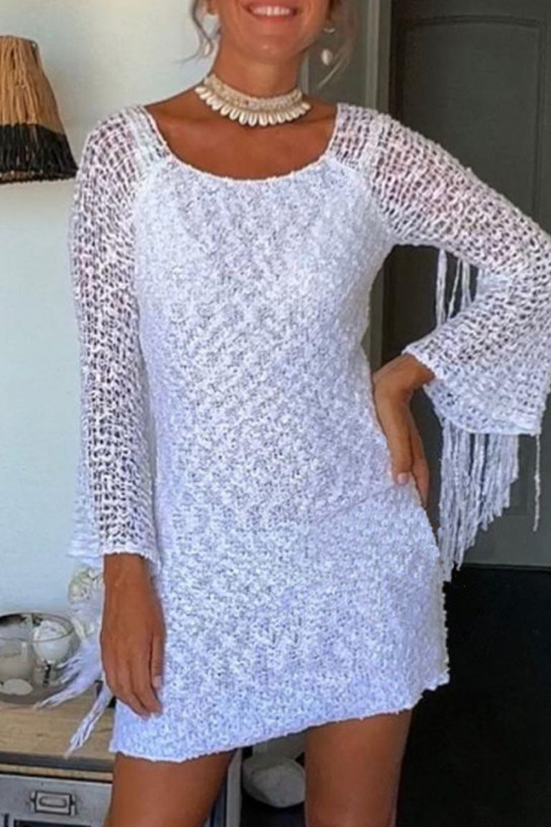 Robes-jupes sexy, couleur unie, à franges, décolleté rond, enroulées et découpées.