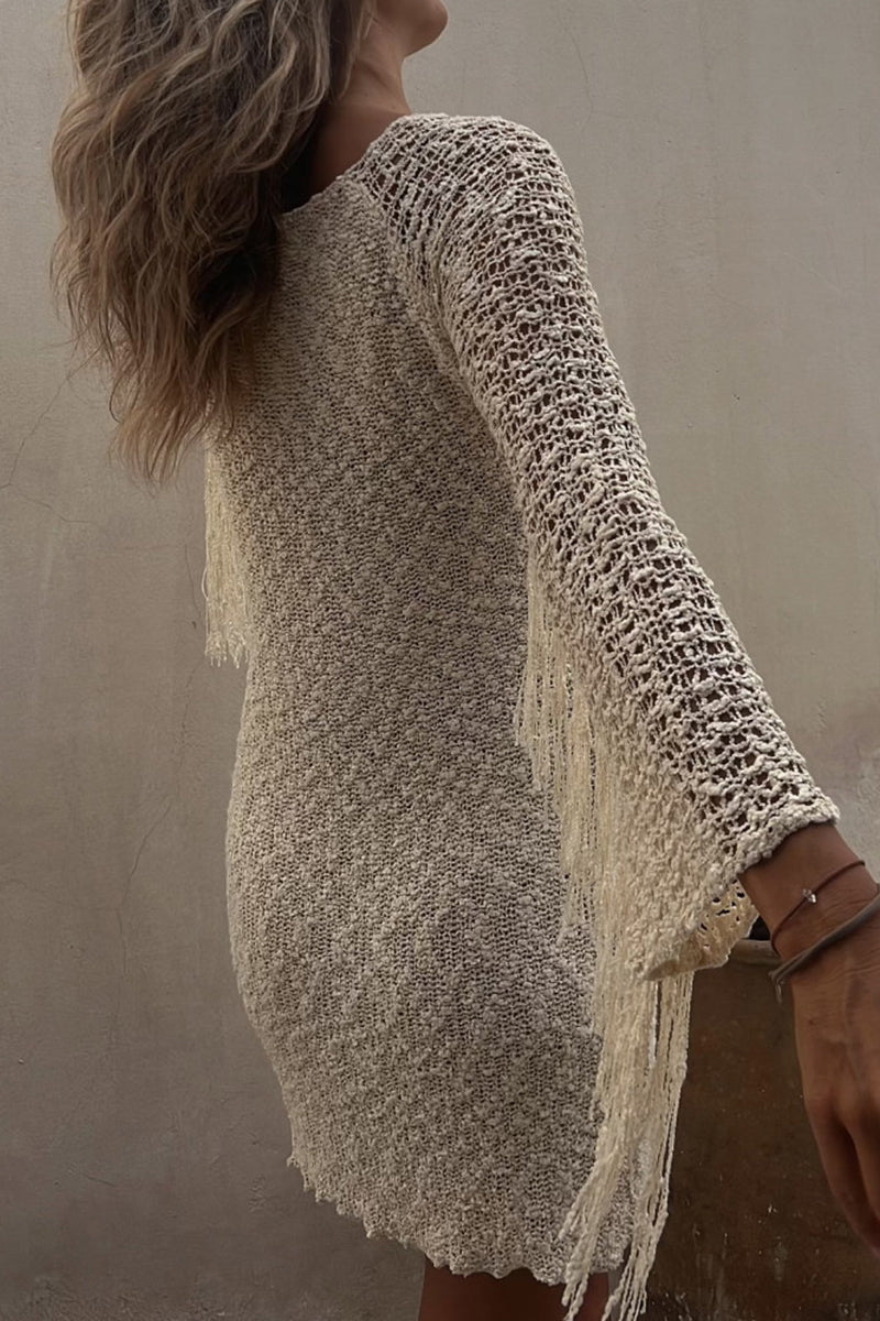 Robes-jupes sexy, couleur unie, à franges, décolleté rond, enroulées et découpées.