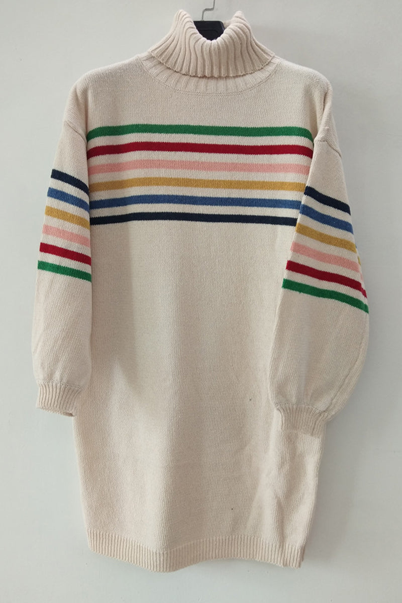 Casual Striped Patchwork Contrast Turtleneck Long Sleeve Dresses