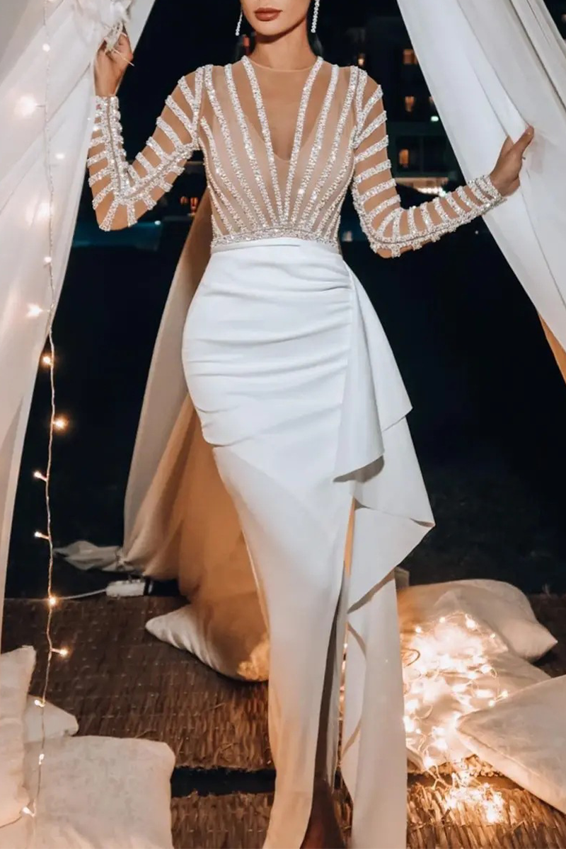 Robes de soirée élégantes, unies, transparentes, asymétriques, avec col en O.