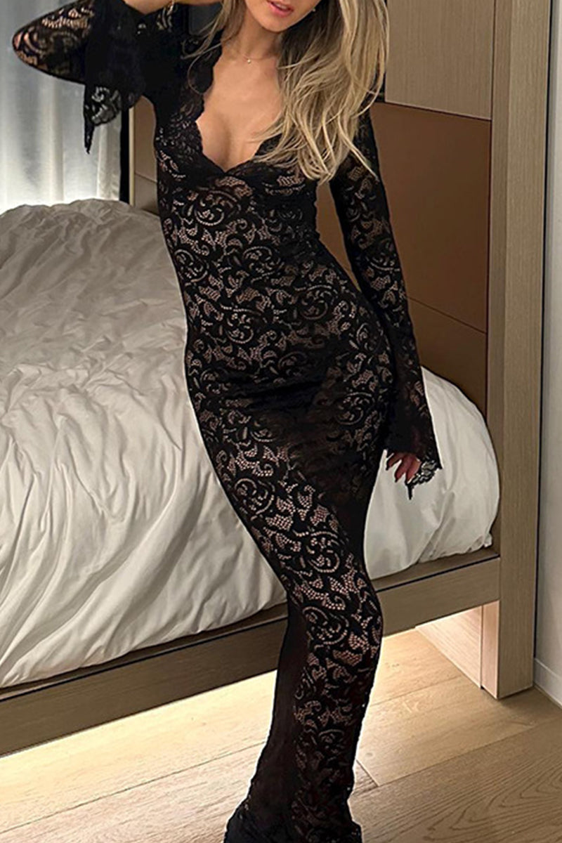 Robe longue à col en V, en dentelle et patchwork, transparente, style streetwear.