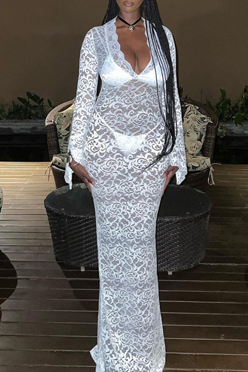 Robe longue à col en V, en dentelle et patchwork, transparente, style streetwear.